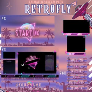 Può includere: Pacchetto di streaming animato "RETROFLY" con un design retrò. Il pacchetto include varie sovrapposizioni, banner e schermate animate con una combinazione di colori al neon, palme e una silhouette della città. Il testo include "STREAM IS STARTING" e "NEW FOLLOWER".