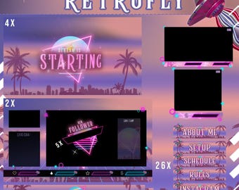 Animerad RetroFly Synthwave Twitch Overlay – Komplett Neon Stream-paket (80-talets Vaporwave)