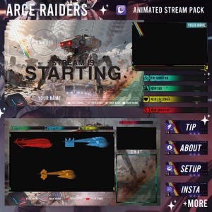 May include: Animated stream pack with a futuristic theme. The design features a robotic spider, the text "STREAM IS STARTING", and various overlay elements for Twitch streams. Includes sections for donations, new followers, and social media links.