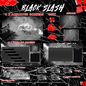 May include: A digital art design in black and white, with the text "BLACK SLASH" and various animated screens, overlays, and social media banners. The design includes red cloud accents and the text "STARTING".