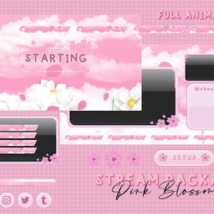 May include: A pink and white digital stream package with a floral theme. The design includes animated elements, a starting screen, and chat boxes. The words "Stream Package Pink Blossoms" are displayed.