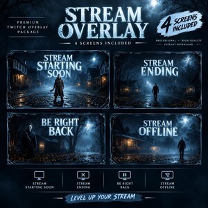 Op de afbeelding: Een digitaal stream-overlaypakket met vier donkere, sfeervolle schermen met een horror-thema. De schermen tonen de tekst Stream Starting Soon, Stream Ending, Be Right Back en Stream Offline, elk tegen een achtergrond van een straat bij maanlicht.