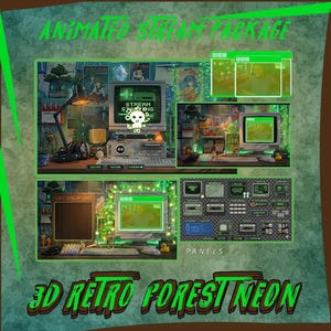May include: An animated stream package with a retro forest neon theme. The design includes multiple computer screens with green neon borders, a skull graphic, and the text "STREAM STARTING". The package also features panels and the text "LIVE STREAM CHAT".