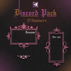 Pu&ograve; includere: Un pacchetto di arte digitale per Discord con 17 banner. Il design presenta uno sfondo scuro con cornici decorative rosa e testo. I fotogrammi includono il testo "firecam" e "Live chat". Un logo viola e bianco si trova nell'angolo in alto a destra.