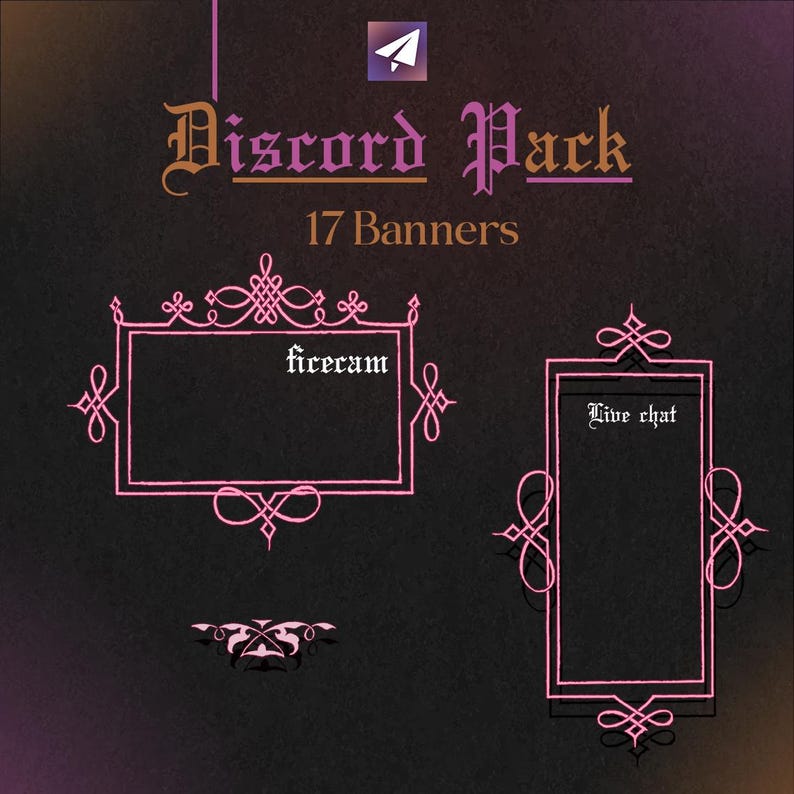 Pu&ograve; includere: Un pacchetto di arte digitale per Discord con 17 banner. Il design presenta uno sfondo scuro con cornici decorative rosa e testo. I fotogrammi includono il testo "firecam" e "Live chat". Un logo viola e bianco si trova nell'angolo in alto a destra.