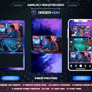 May include: A digital graphic promoting an animated pack for streamers. The design features a phone displaying a live stream interface, along with animated scenes and a gaming setup. Text includes "INGALAXY ANIMATED PACK" and "ORDER NOW".