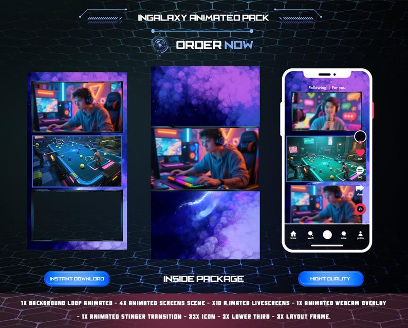 May include: A digital graphic promoting an animated pack for streamers. The design features a phone displaying a live stream interface, along with animated scenes and a gaming setup. Text includes "INGALAXY ANIMATED PACK" and "ORDER NOW".