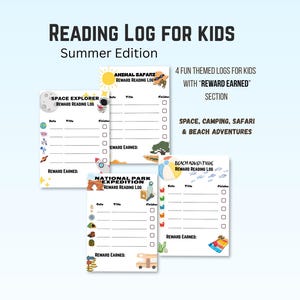 May include: Reading log for kids, Summer Edition. Includes four themed logs: Space Explorer, Animal Safari, National Park Expedition, and Beach Adventure. Each log has a section for rewards earned.
