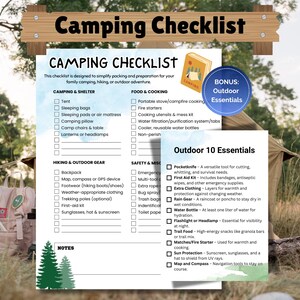 May include: A camping checklist with categories for camping and shelter, food and cooking, hiking and outdoor gear, and safety. Includes a bonus list of outdoor essentials. The background shows a tent and backpack.