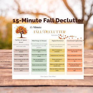 May include: A colorful infographic titled "15-Minute Fall Declutter" on a wooden surface. The graphic is divided into sections: Surface & Space Reset, Mini Purge & Donate, Digital Declutter, and Emotional Lightening. Each section lists decluttering activities. The text "Clear Space, Clear Mind" is at the bottom.