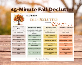 May include: A colorful infographic titled "15-Minute Fall Declutter" on a wooden surface. The graphic is divided into sections: Surface & Space Reset, Mini Purge & Donate, Digital Declutter, and Emotional Lightening. Each section lists decluttering activities. The text "Clear Space, Clear Mind" is at the bottom.