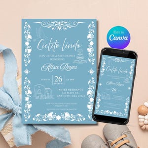 Convite para Chá de Bebê Cielito Lindo: Tema Talavera Mexicano Azul (Download Digital)