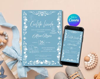 Cielito Lindo Baby Shower Invitation: Blue Mexican Talavera Theme (Digital Download