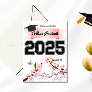 Carte de remise des diplômes chic 2025 - téléchargement immédiat dans un design floral assez rose, carte de remise des diplômes, carte de remise des diplômes imprimable, diplômé universitaire