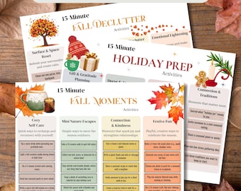 May include: A bundle of printable activity sheets with fall-themed prompts. Titles include "Fall 15 Minute Activity Bundle", "Fall Declutter", "Holiday Prep", and "Fall Moments". The sheets feature illustrations of fall leaves, mugs, and gifts.