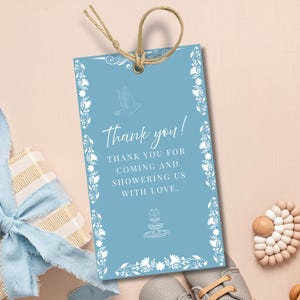Etiqueta de regalo de agradecimiento para baby shower Cielito Lindo, azul bebé, temática de Talavera mexicana, descarga digital imprimible para bebé niño