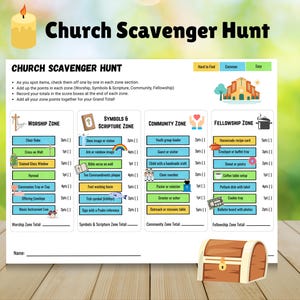 May include: A printable Church Scavenger Hunt game sheet with sections for Worship, Symbols & Scripture, Community, and Fellowship. The sheet includes a treasure chest graphic and a lit candle graphic. The text reads "Church Scavenger Hunt".