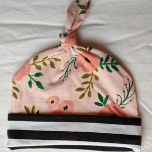 Floral and Striped Pink Top Knot Baby Hat