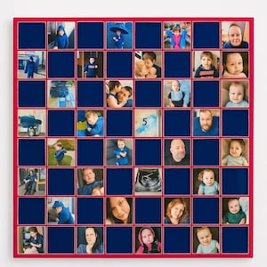 May include: A framed artwork with a red border and a grid of blue squares. Each square contains a photograph, creating a collage of images. The photos feature people and babies, suggesting a family or personal theme.
