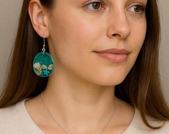 Handmade Ocean Resin Jewelry Set  Beach Earrings and Necklace with Seashells, Starfish & Sea Turtle Charm  Coastal Gift for Her