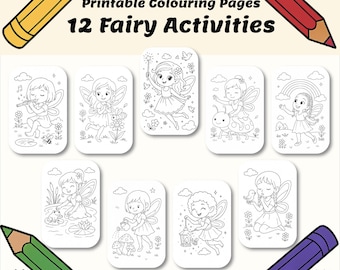 May include: A collection of printable coloring pages featuring 12 fairy activities. The pages are black and white line drawings of fairies with various objects. Colored pencils in yellow, red, green, and purple are in the corners.