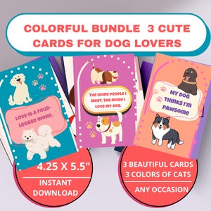 Lot de 3 cartes imprimables pour amoureux des chiens – 3 cartes pliables pour les parents d'animaux de compagnie et les amoureux des animaux. (Chiens blancs, bruns, noirs)