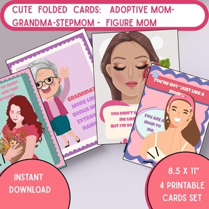 4 CARTÕES DE MÃE dobráveis PARA IMPRIMIR – Mãe Bônus, Madrasta, Avó, Mãe Adotiva – Cartões A2 Engraçados e Sinceros – Download Instantâneo