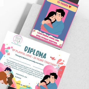 Kaart en diploma 10e verjaardag – Afdrukbare gevouwen A2-kaart + huwelijksprijs | Lief en grappig cadeau voor stel