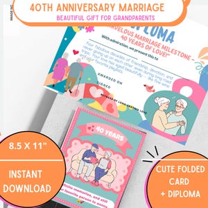 Kaart en diploma 40e verjaardag – gevouwen A2-kaart + afdrukbare huwelijksprijs | Feestcadeau voor stel 40 jaar getrouwd