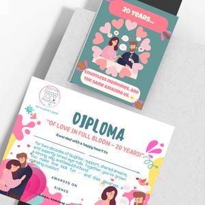 Biglietto e diploma per il 20° anniversario - Biglietto A2 piegato stampabile + premio di matrimonio abbinato / Regalo romantico e divertente per la coppia