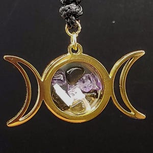 Gold Triple Moon Locket – Pagan Necklace with Gold Obsidian, Amethyst, Clear Quartz & Selenite – Adjustable Cord