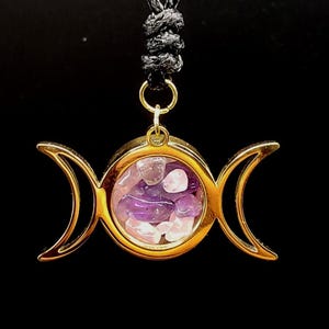 Gold Triple Moon Locket – Pagan Amulet with Amethyst, Rose Quartz, Clear Quartz & Selenite on Adjustable Black Cord