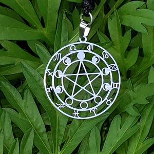 Witchy Pentacle Necklace – With  Moon Phases and Astrological Glyphs – Pagan Wiccan