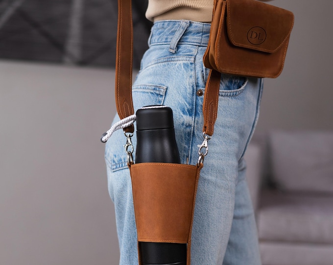 Leather bottle bag,Leather bottle cover,Bottle carrier bag,Water bottle bag,Leather bottle holder,Water bottle carrier,Bottle bag with strap