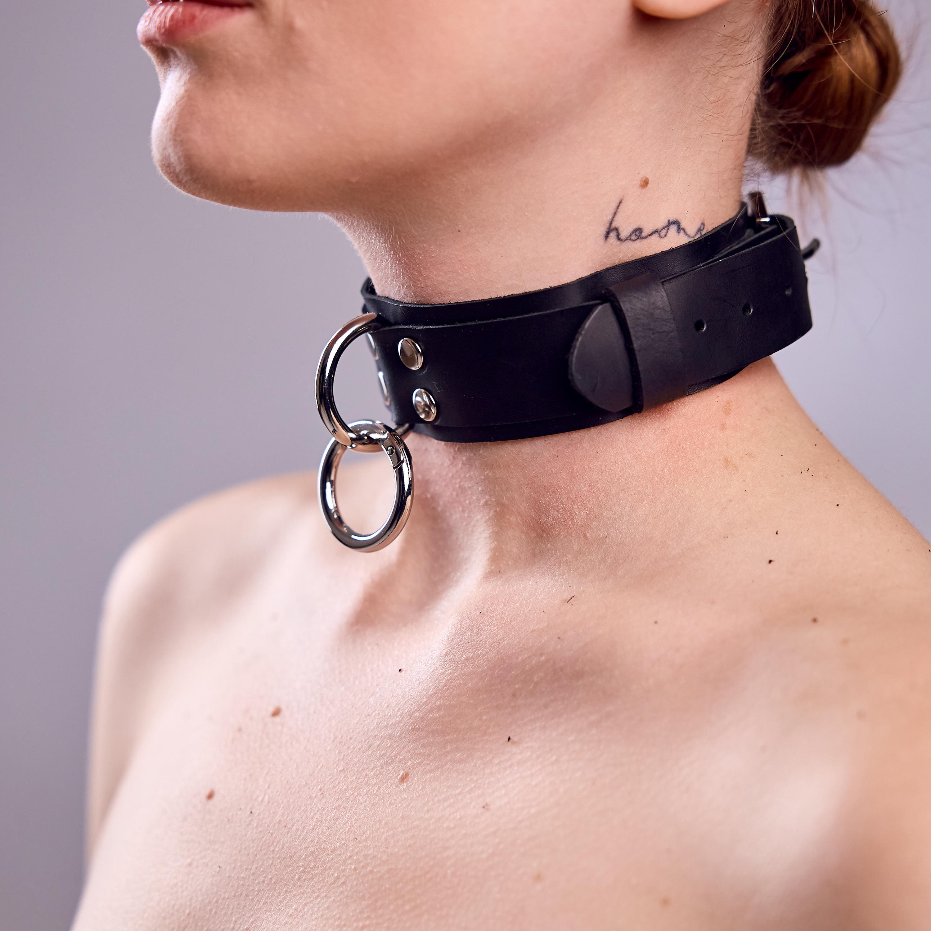 Leather D Ring Choker, Black Leather O Ring Choker, Adjustable