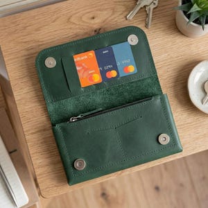 Personalisierte große Ledergeldbörse, Leder-Clutch für Damen, Monogrammierte lange Geldbörse, Handgefertigte Ledergeldbörse für Damen, Geldbörsen-Organizer