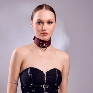 May include: A burgundy leather choker with a silver metal ring and studs. The choker is worn around the neck and has a buckle closure. The background is a solid gray.
