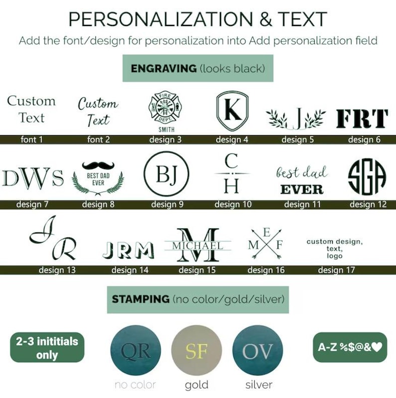 K&ouml;nnte beinhalten: Bild mit Personalisierungsoptionen f&uuml;r Text und Design. Enth&auml;lt Beispiele f&uuml;r Schriftarten, Initialen und Logos zum Gravieren und Pr&auml;gen. Enth&auml;lt Text wie "Custom Text" und "Best Dad Ever."