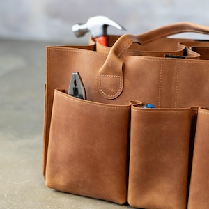 Leather Tool Bag With 8 Tool Pockets – Heavy Duty Custom Tool Bag, Electrician & Carpenter Craftsmen Bag, Tool Organizer Gift for Him