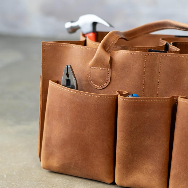 Leather Tool Bag With 8 Tool Pockets – Heavy Duty Custom Tool Bag, Electrician & Carpenter Craftsmen Bag, Tool Organizer Gift for Him