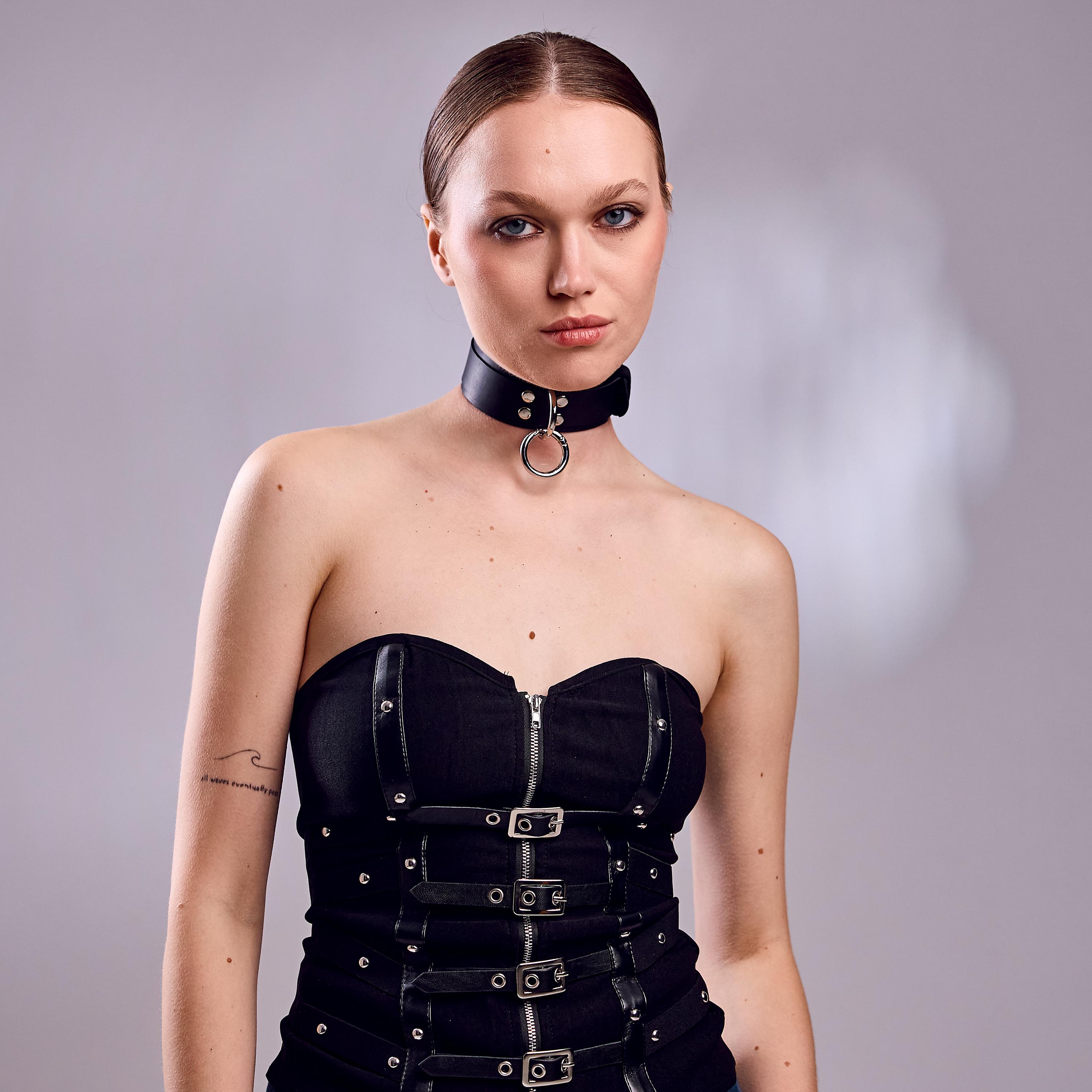 Leather D Ring Choker, Black Leather O Ring Choker, Adjustable