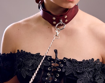Leather Collar With Leash,Burgundy choker,Leather collar women,Daycollar women,Human collar,Leather oring choker,Collar with o ring and leas