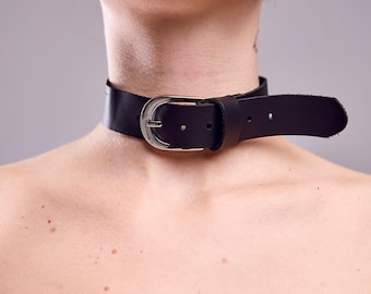 Black Leather Buckle Choker,Leather Choker Belt Necklace,Adjustable Leather Neck Belt,Minimalist Leather Choker Collar,Simple Leather Choker