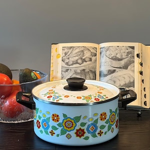 Vintage Kochgeschirr 1970er Jahre Email Emaille Suppentopf mit Deckel