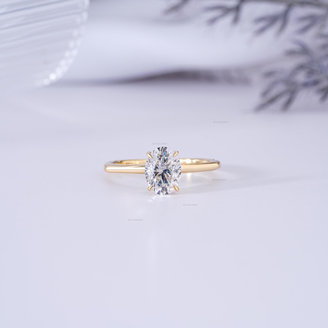 Oval Moissanite Solitaire Ring, 14K Solid Gold Plain Band, Promise Ring ...