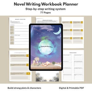 Könnte beinhalten: Ein digitaler Roman-Schreib-Workbook-Planer mit einem Schritt-für-Schritt-Schreibsystem. Der Planer umfasst 77 Seiten und soll helfen, starke Plots und Charaktere aufzubauen. Der Planer ist digital und im PDF-Format druckbar.