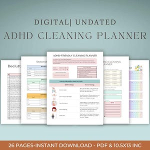 Puede incluir: Un planificador de limpieza digital para TDAH con varias páginas mostradas. Las páginas incluyen listas, planificación estacional y una guía de limpieza amigable para el TDAH. El texto de la imagen dice "DIGITAL | UNDATED ADHD CLEANING PLANNER" y "26 PAGES-INSTANT DOWNLOAD - PDF & 26.67x33.02 CM".