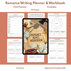 May include: A digital romance novel workbook with a vintage aesthetic. The cover features a magnifying glass, pocket watch, and open book. The workbook includes plot planner pages, prompts, and an emotion wheel. The text reads "Romance Novel Workbook".