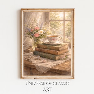 May include: A framed watercolor print featuring a still life scene. A teacup and saucer sit atop a stack of books, next to a vase of flowers. A pair of glasses rests on a cloth. The text "UNIVERSE OF CLASSIC ART" is at the bottom.