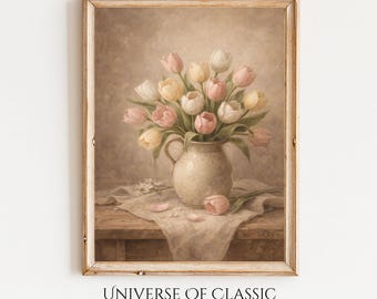 Arte mural de bodegón con tulipanes vintage, pintura floral de Pascua, decoración floral de primavera, elegante lámina botánica, decoración del hogar estilo cottagecore.